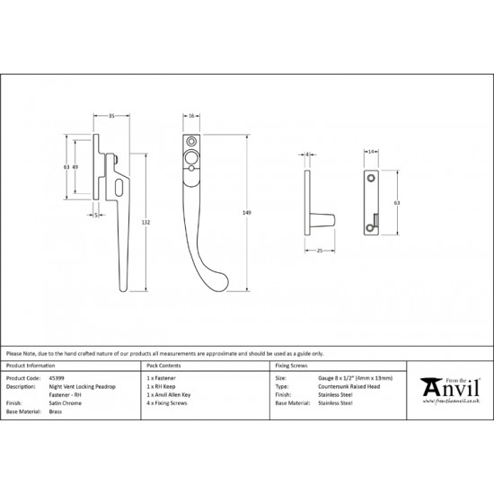 From the Anvil Cast Night Vent Peardrop Fastener Right Handed - Locking