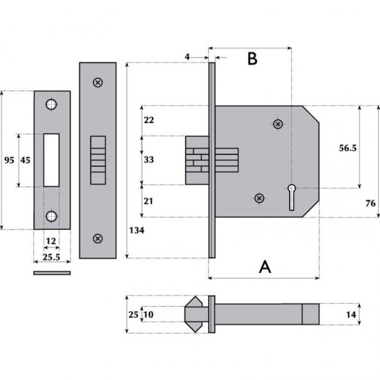 3 Lever Mortice Sliding Door Lock - G3006